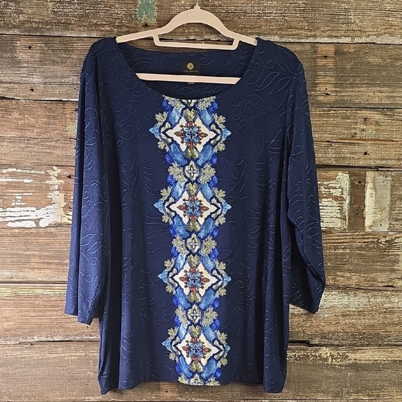 JM Collection Navy Blue Blouse with Embroidery, Plus Size 2X - Picture 1 of 4